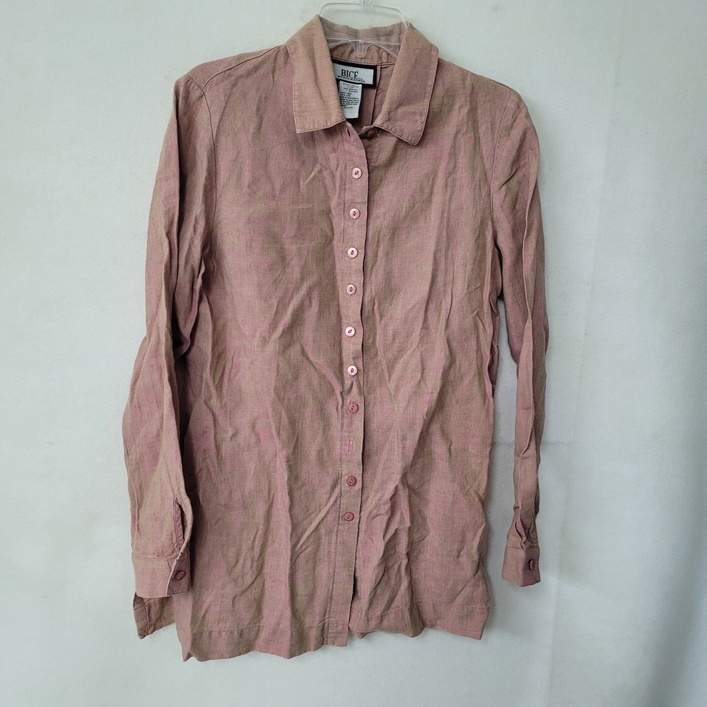 Bice Sag Harbor Linen Button Down Shirt Womens Medium Pink Green Long Sleeve